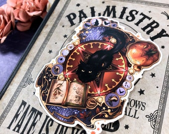 Black Cat Magic, Halloween Sticker, Witch's Familiar, Gift for Black Cat Lovers, Weatherproof Sticker, Samhain Artwork, Fantasy Art Sticker