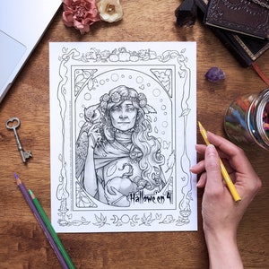 Beautiful Old Witch & Owl Grayscale Printable Coloring Sheet Art Nouveau Inspired Halloween Coloring Page for Adults image 3