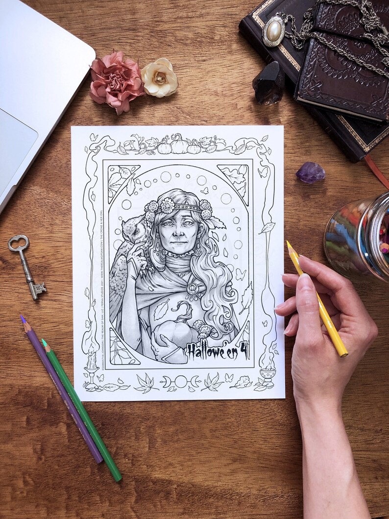 Beautiful Old Witch & Owl Grayscale Printable Coloring Sheet Art Nouveau Inspired Halloween Coloring Page for Adults image 3