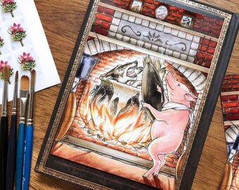 Cartolina dei Tre Porcellini: Il Lupo Cattivo, fiaba dei fratelli Grimm, acquerello