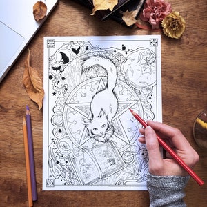 Witchy Halloween Cat Printable Coloring Sheet Pagan Colouring Page for Adults image 3