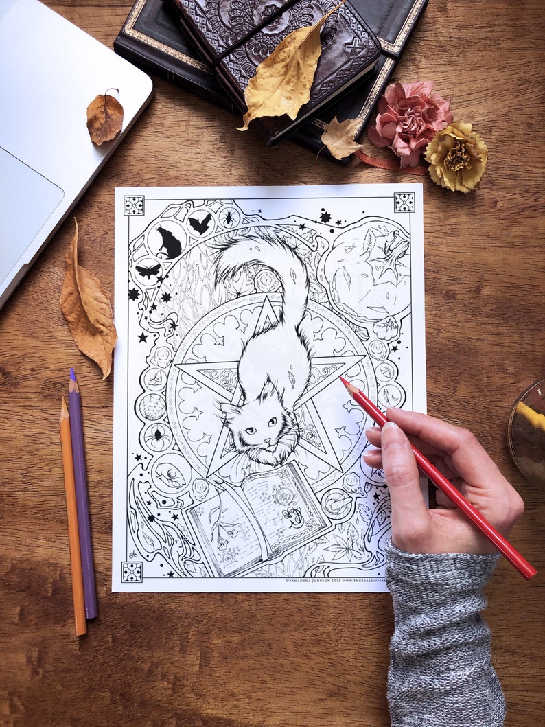 May include: A black and white coloring page featuring a cat sitting on a pentagram with a book and other magical symbols surrounding it. The text at the bottom reads "&copy;Elisandra Johnson 2013 www.theresalmotiva.com".