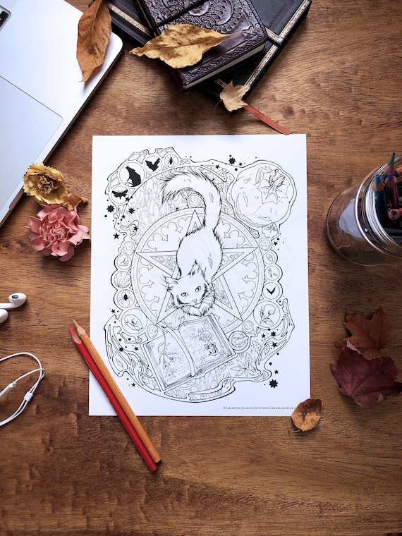 Witchy Halloween Cat Printable Coloring Sheet | Pagan Colouring Page for Adults