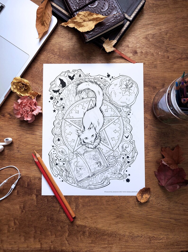 May include: A black and white printable coloring page featuring a cat sitting on a book with a pentagram and other magical symbols surrounding it. The cat is looking up at the viewer. The page is titled "Christine Jones Jewell 2011 www.christinejonesjewell.com".