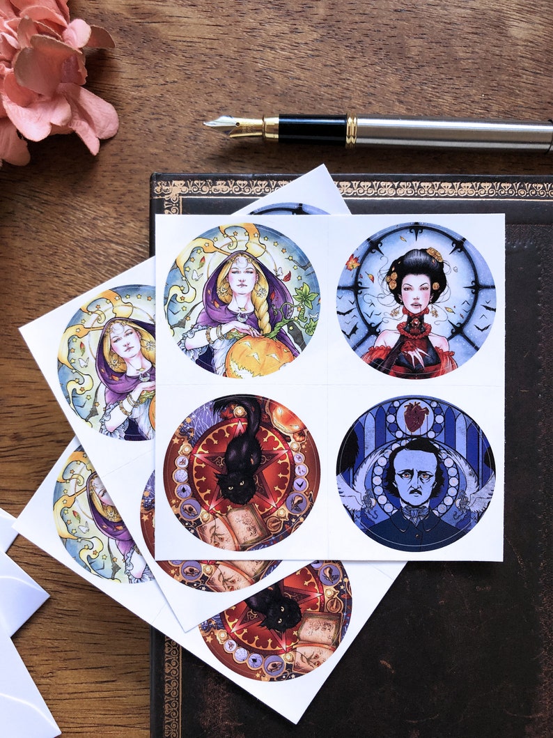 May include: Six round stickers featuring illustrations of a woman with a pumpkin, a woman with a clock, a black cat, a man with a heart, a woman with a clock, and a black cat. The stickers are white with a black border and are arranged in a grid pattern.