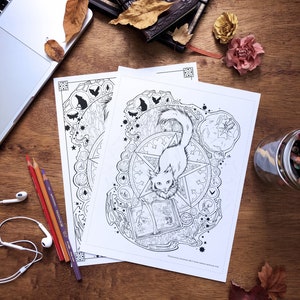 May include: A black and white printable coloring page featuring a cat sitting on a pentagram with a book and other magical symbols. The cat has a surprised expression on its face. The page is titled "Alexandra Johnson 2013 www.alexandrajohnson.com".