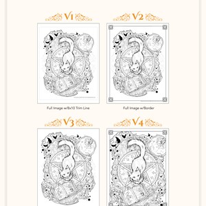 May include: Four variations of a black and white line art coloring page featuring a cat sitting on a book with a pentagram and other magical symbols around it. The text "Variations Included" is at the top of the image. The text "Files will not be watermarked" is at the bottom of the image.