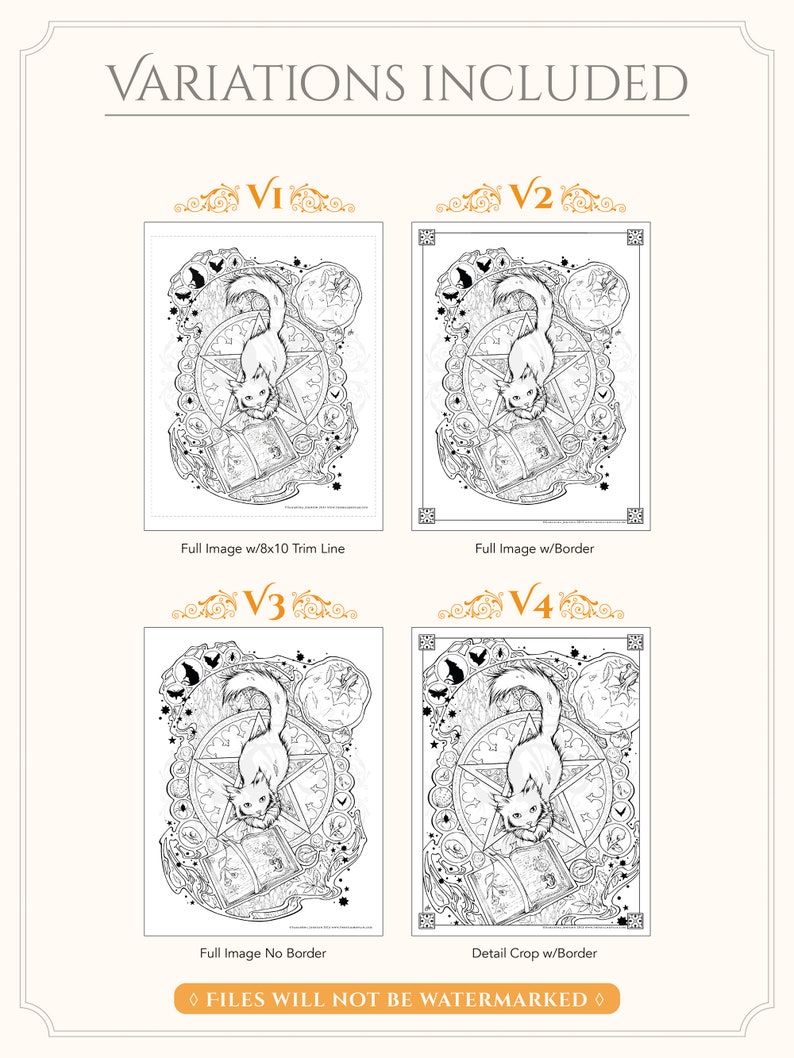May include: Four variations of a black and white line art coloring page featuring a cat sitting on a book with a pentagram and other magical symbols around it. The text "Variations Included" is at the top of the image. The text "Files will not be watermarked" is at the bottom of the image.