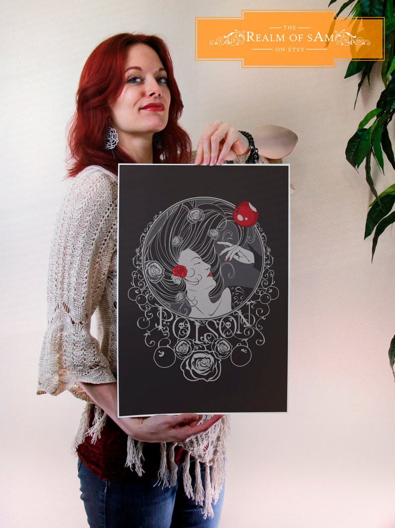 May include: A black and white illustration of a woman with long hair holding a red apple. The illustration is surrounded by a circle of roses and the word "Poison" is written in a decorative font.