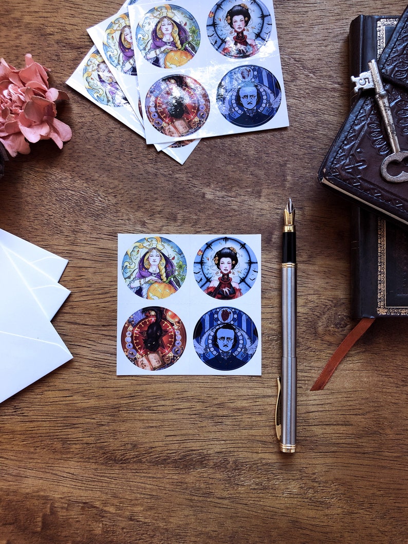 May include: Set of six round stickers featuring colorful illustrations of women and men with intricate details. The stickers are printed on white paper and have a glossy finish.