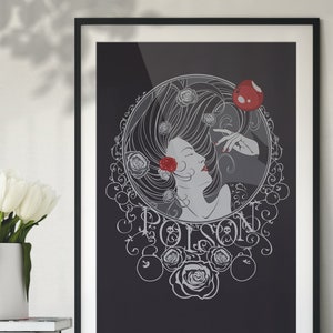 May include: A black and white illustration of a woman with long hair holding a red apple. The woman is surrounded by roses and the word "Poison" is written in a decorative font.