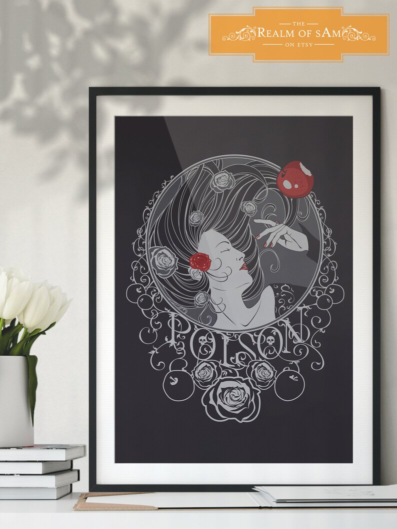 May include: A black and white illustration of a woman with long hair holding a red apple. The woman is surrounded by roses and the word "Poison" is written in a decorative font.