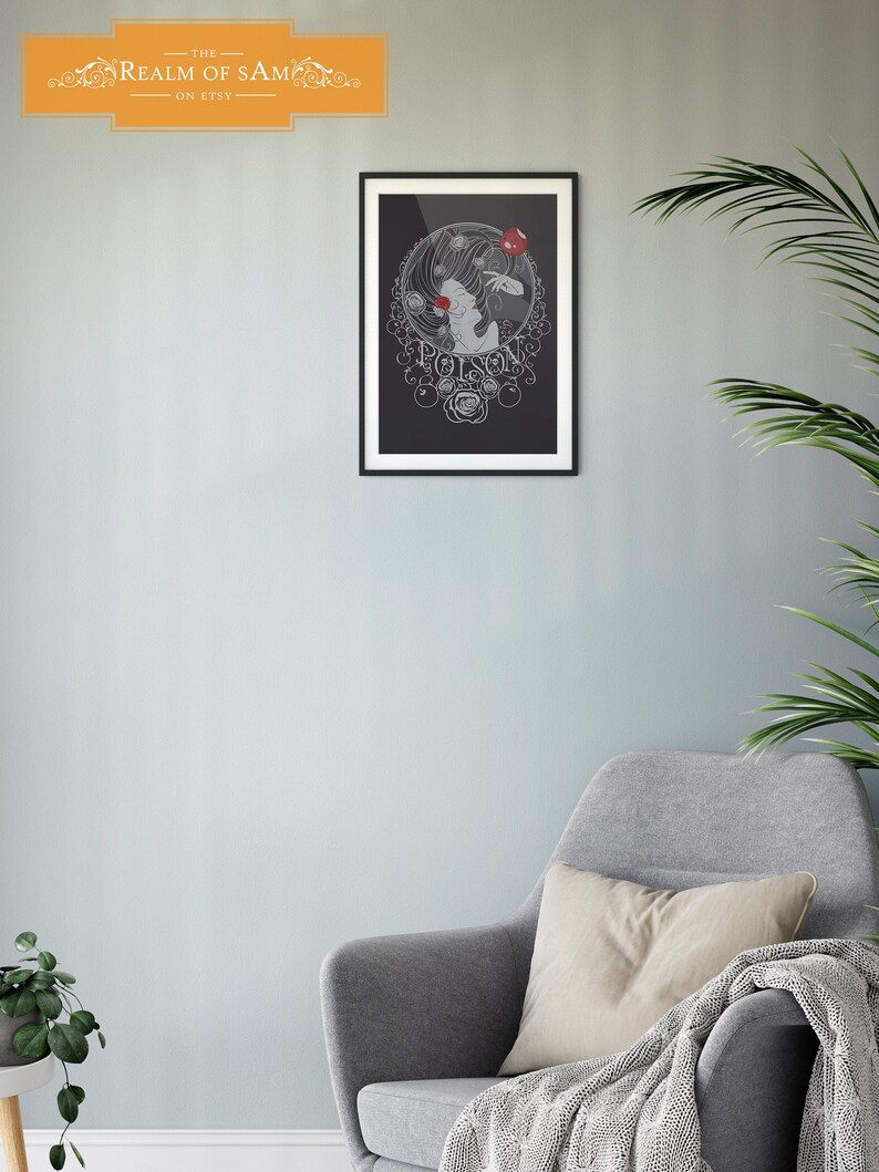 May include: A black and white illustration of a woman with red roses and the word "Poison" in a circle around her. The background is dark gray.