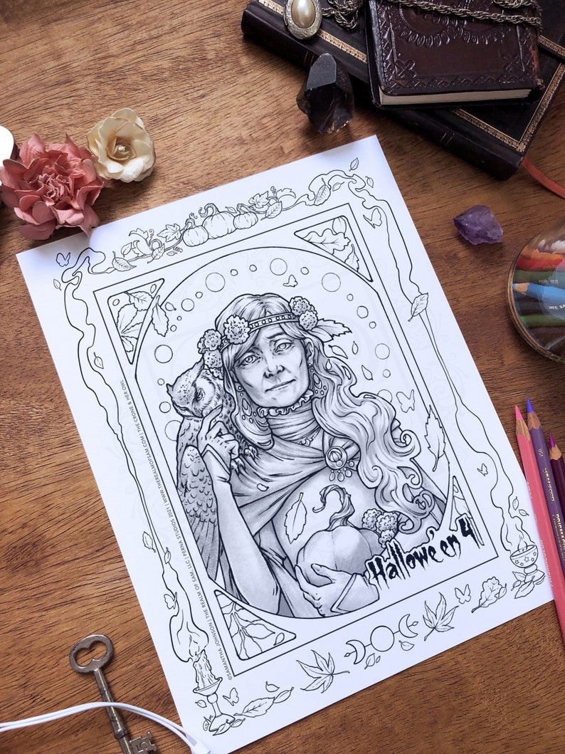 Beautiful Art Nouveau coloring page for Halloween featuring an old witch crowned with flowers in her long gray hair with a pet owl perched on her shoulder. She is blind in one eye but appears both kind and wise. Leaves and candles fill the border.