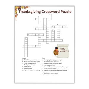 Thanksgiving Crossword Puzzle Printable Worksheet Game-Kids, Adults, Family, Seniors