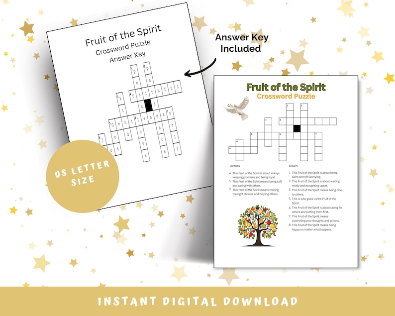 Fruit of the Spirit Crossword Puzzle Printable Worksheet for Kids