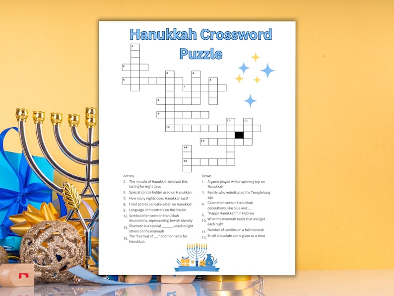 Hanukkah Crossword Puzzle Printable Worksheet Game-kids, Adults ...