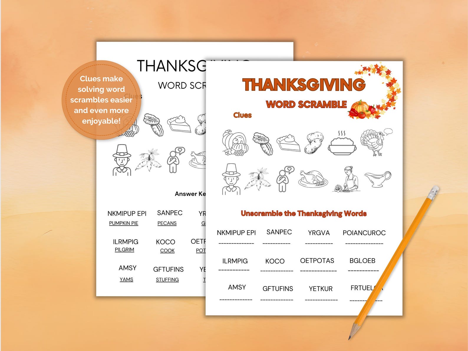 Thanksgiving Word Scramble Printable Worksheet Game-kids, Adults ...