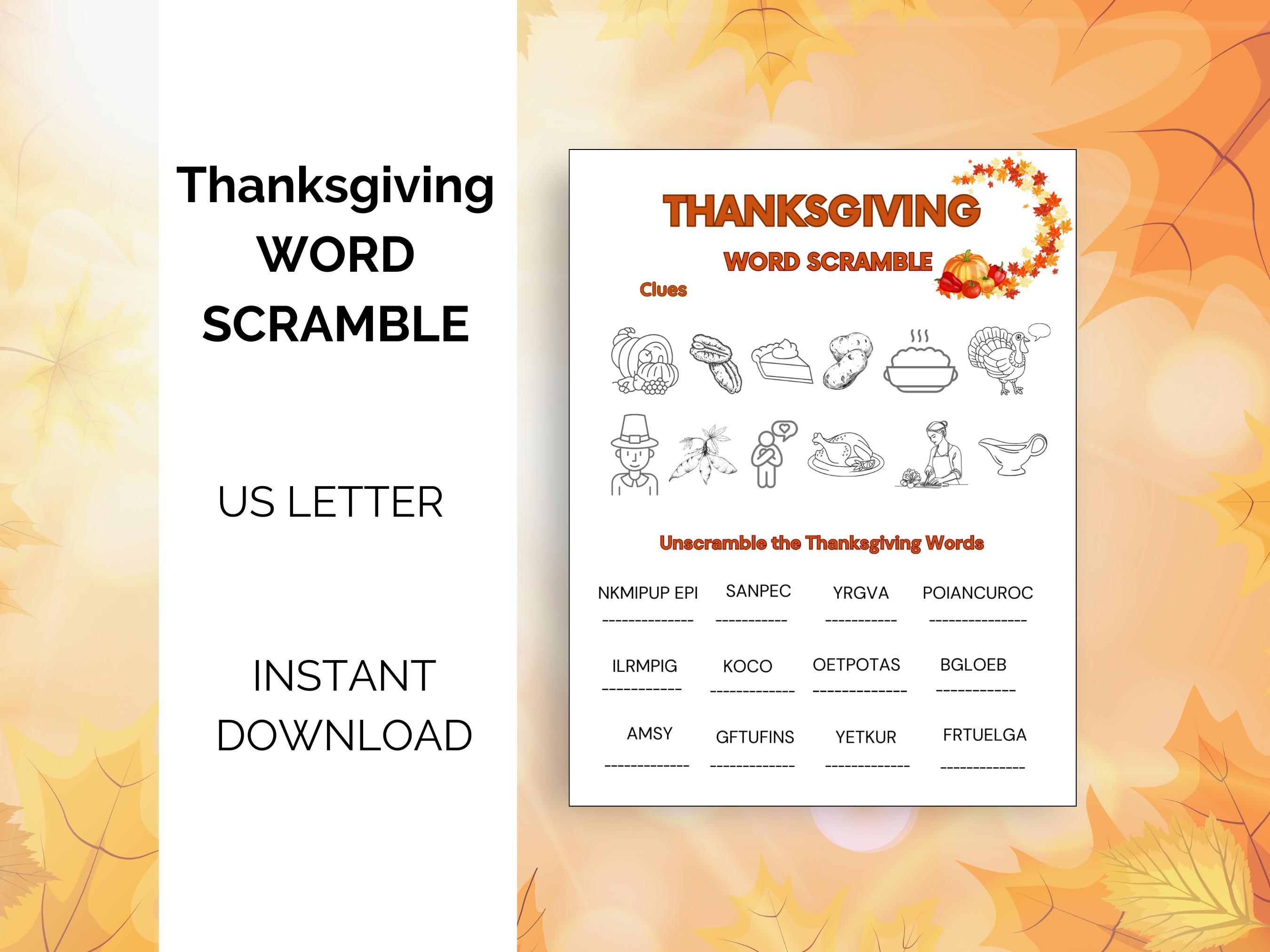 Thanksgiving Word Scramble Printable Worksheet Game-kids, Adults ...