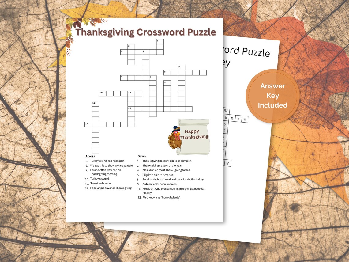 Thanksgiving Crossword Puzzle Printable Worksheet Game-kids, Adults ...