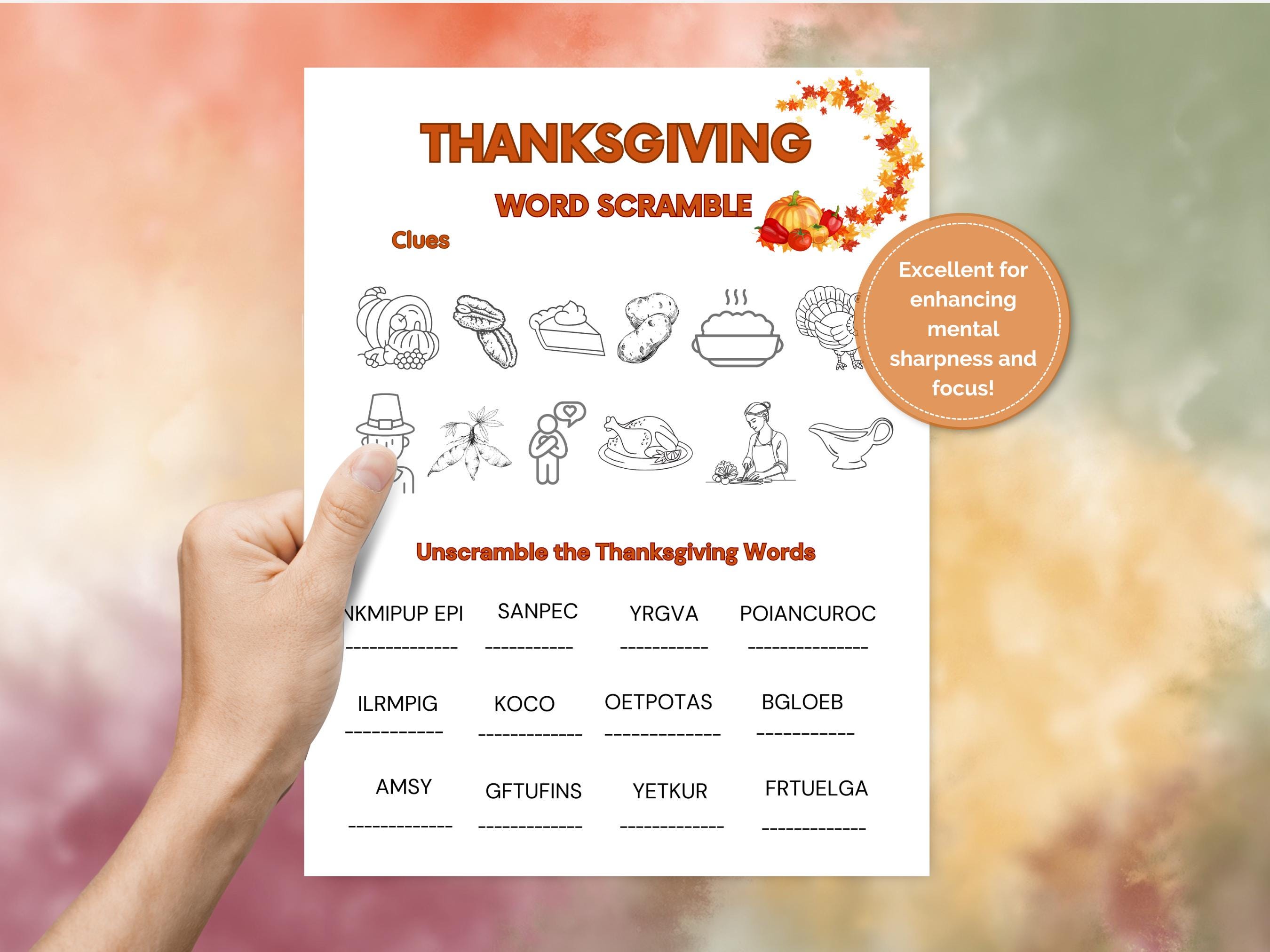 Thanksgiving Word Scramble Printable Worksheet Game-kids, Adults ...