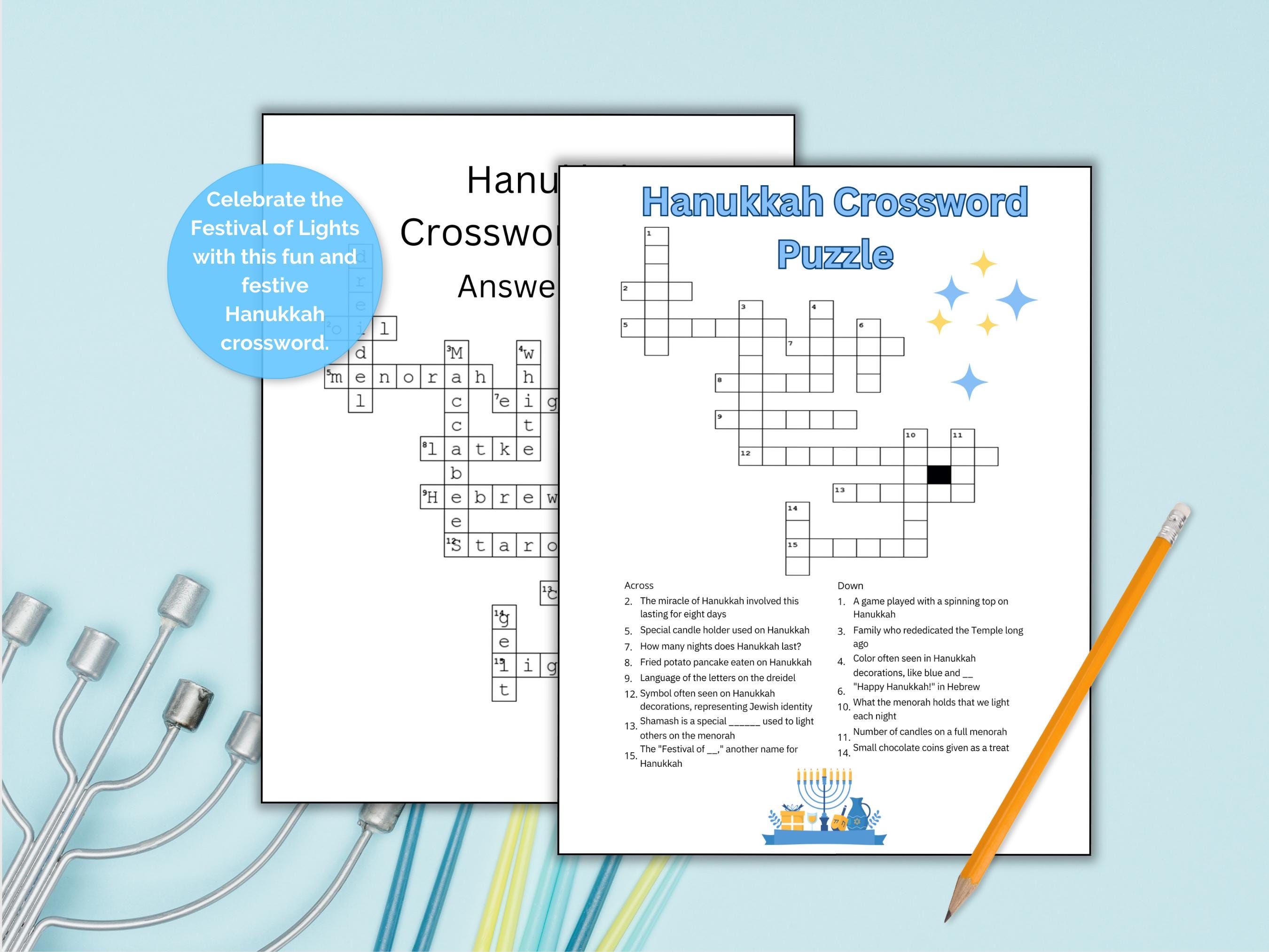 Hanukkah Crossword Puzzle Printable Worksheet Gamekids, Adults