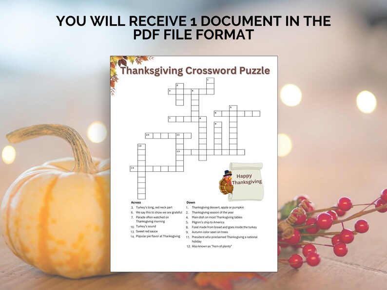 Thanksgiving Crossword Puzzle Printable Worksheet Game-kids, Adults ...