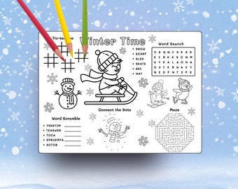 Winter Activity Placemat Worksheet, Printable Winter Coloring Placemat, Winter Puzzles, Winter Games