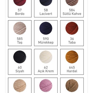 May include: A colour chart with yarn samples in various colours, including burgundy, navy blue, beige, black, cream, orange, brown, and pink. Each yarn sample is labelled with a number and a colour name in Turkish.