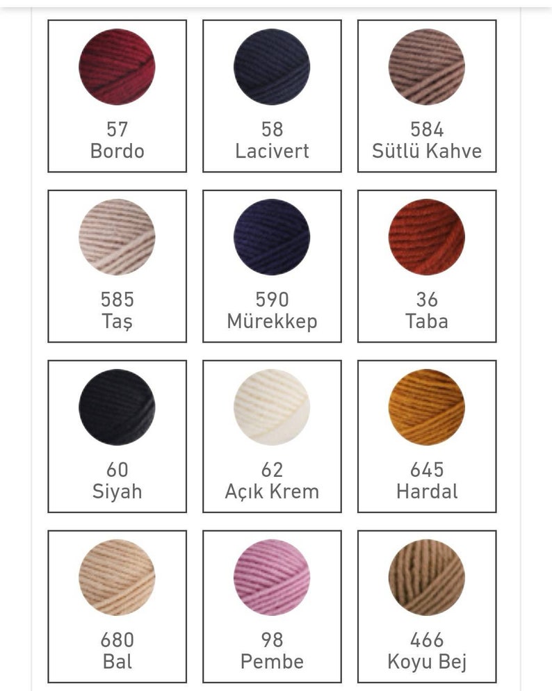 May include: A colour chart with yarn samples in various colours, including burgundy, navy blue, beige, black, cream, orange, brown, and pink. Each yarn sample is labelled with a number and a colour name in Turkish.