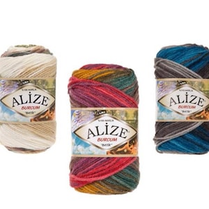 May include: Three skeins of yarn in different colour combinations. Each skein is labelled "Alize Burcum Batik" and features a colourful, batik-style design.