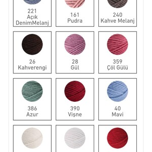 May include: A colour chart of yarn samples with corresponding numbers and names in Turkish. The colours include denim blue, powder pink, brown, dark brown, pink, red, teal, burgundy, light blue, white, and red.