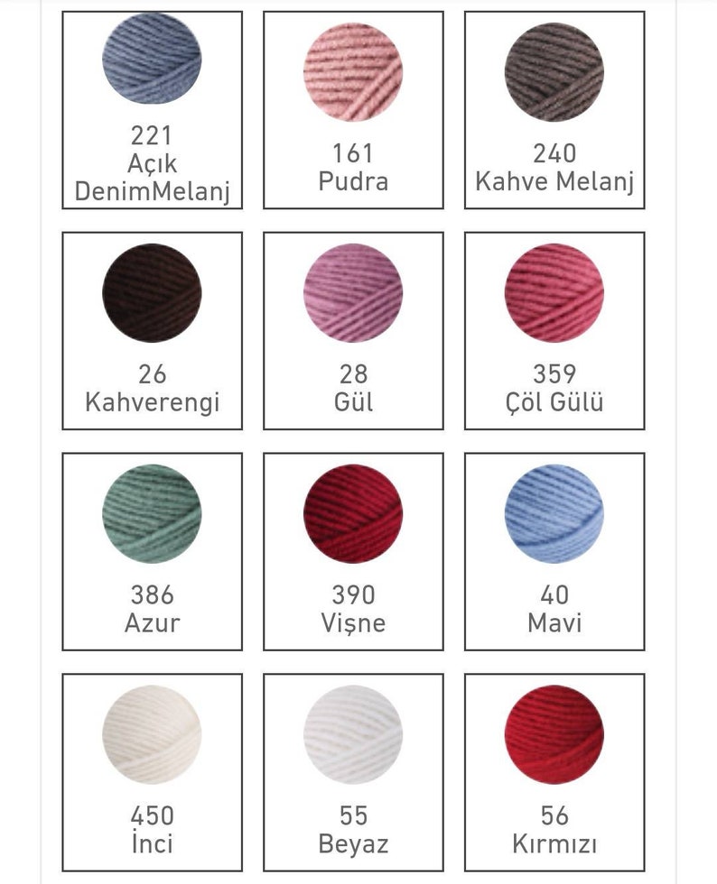 May include: A colour chart of yarn samples with corresponding numbers and names in Turkish. The colours include denim blue, powder pink, brown, dark brown, pink, red, teal, burgundy, light blue, white, and red.