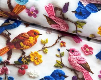 Colorful Bird Fabric, Duck Cloth Upholstery Fabric, Waterproof Panama Cotton, Floral Bird Print Fabric, Curtain Cushion Bag Fabric by Yard