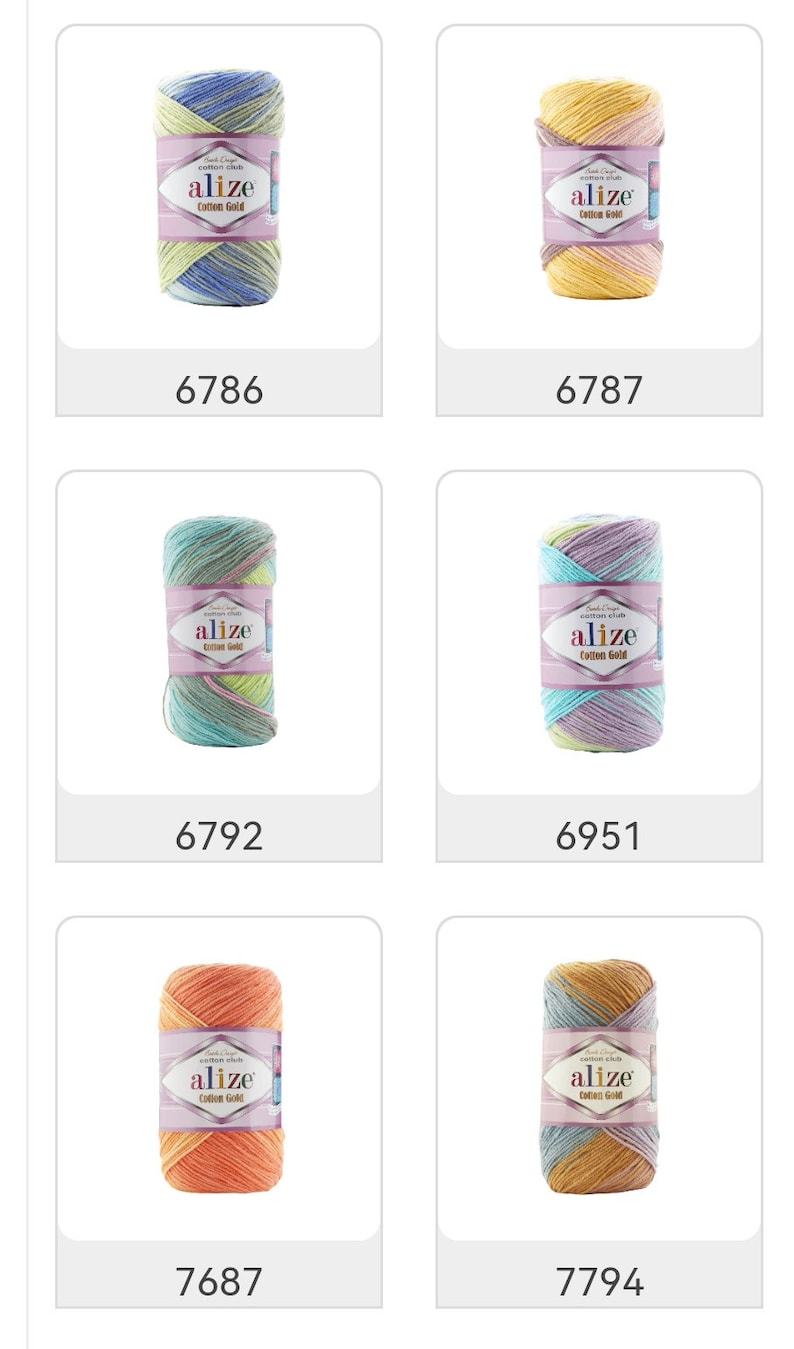 May include: A collection of Alize Cotton Gold yarn skeins in various colors. Each skein is wrapped with a label displaying the brand name and product details. The color variations include blue, yellow, green, purple, and orange. The product codes are visible.
