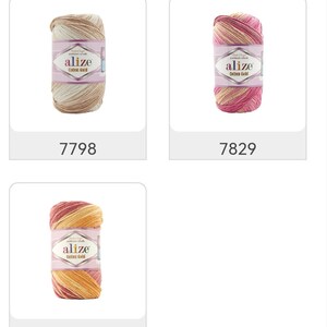 May include: Three skeins of Alize Cotton Gold yarn in various color combinations. The skeins are labeled with the brand name and product details. The bottom of each image displays a unique product number: 7798, 7829, and 7833.