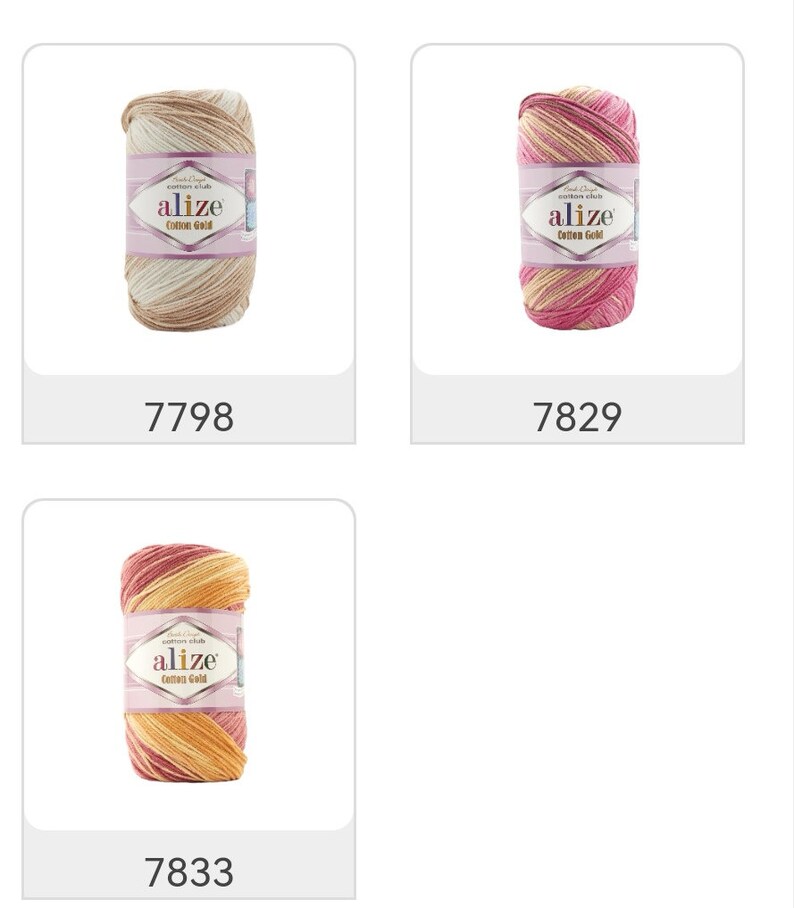 May include: Three skeins of Alize Cotton Gold yarn in various color combinations. The skeins are labeled with the brand name and product details. The bottom of each image displays a unique product number: 7798, 7829, and 7833.
