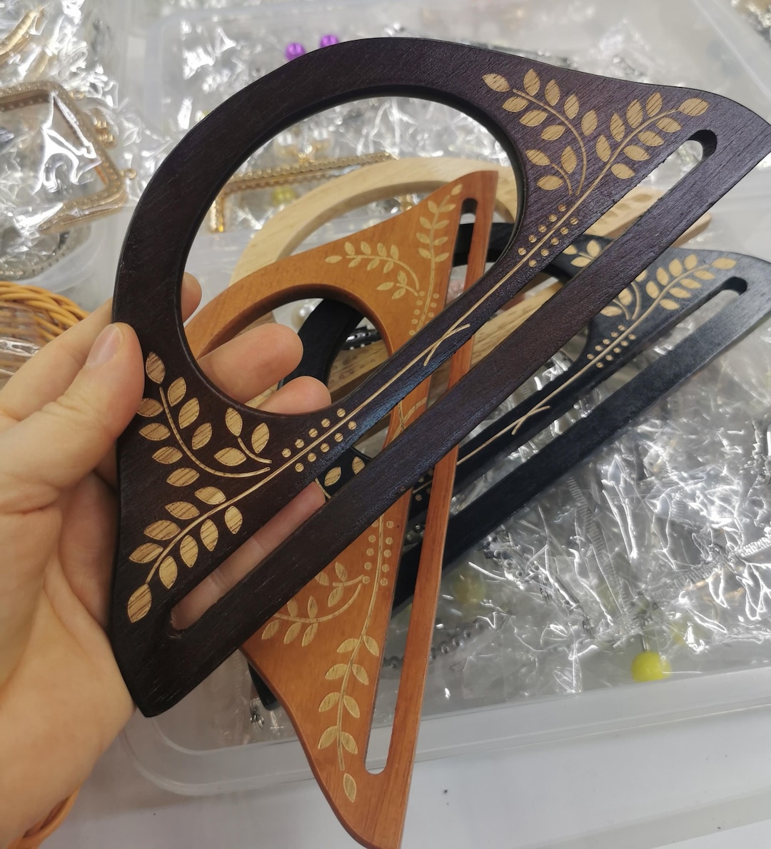 Boho Wooden Bag Handle – Leaf Engraved Otantik Wood Purse Handle – 25 ...