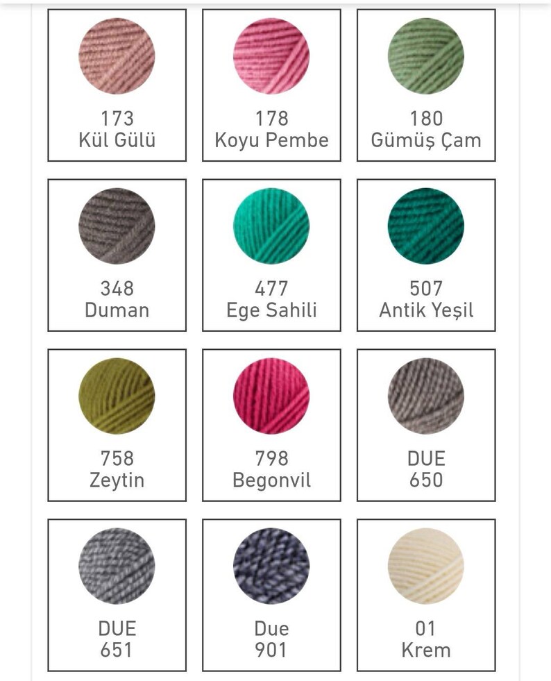May include: A collection of yarn balls in various colours, including dusty rose, dark pink, green, grey, olive green, red, and cream. Each ball is labelled with a number and a descriptive name in Turkish.