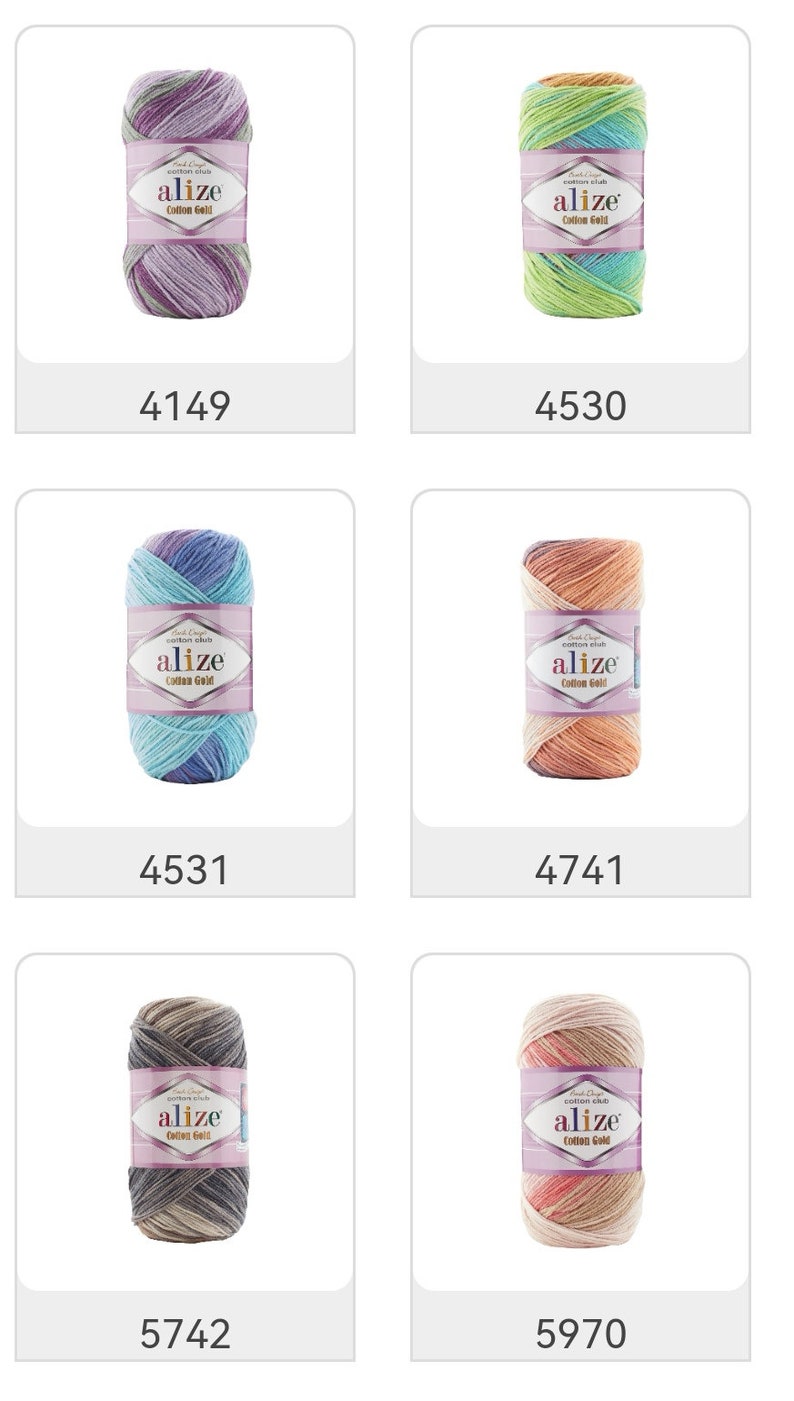May include: Six skeins of Alize Cotton Gold yarn in various colors. The skeins are labeled with color codes. Colors include purple, green, blue, orange, brown, and pink. Each skein has a label with the brand name and yarn type.