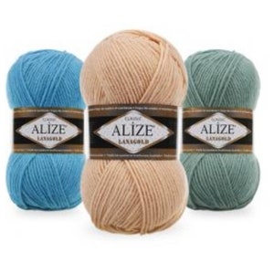 May include: Three balls of yarn in blue, beige, and green. Each ball has a label that reads "Alize Classic Lanagold".