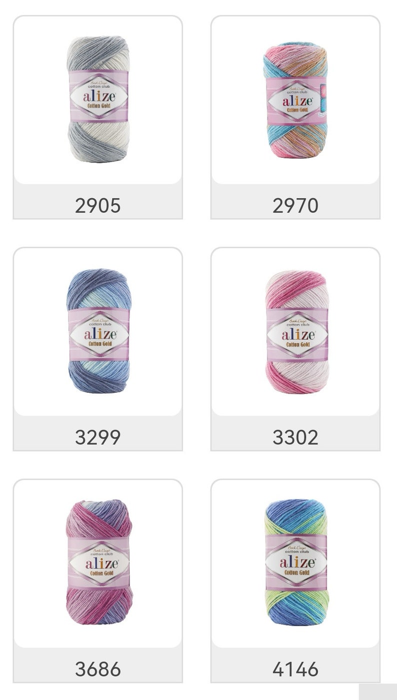 May include: A collection of Alize Cotton Gold yarn skeins in various colors. Each skein is wrapped with a label displaying the brand name and color code. The color variations include shades of gray, pink, blue, and purple.