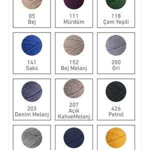 May include: A chart of yarn colours with corresponding numbers and names in Turkish. The colours include beige, purple, green, blue, grey, denim, brown, black, and yellow.