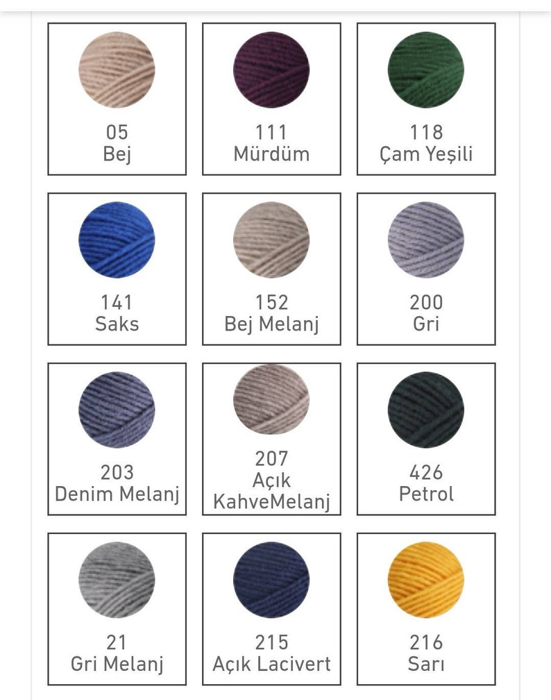 May include: A chart of yarn colours with corresponding numbers and names in Turkish. The colours include beige, purple, green, blue, grey, denim, brown, black, and yellow.