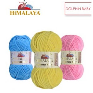 May include: Three skeins of yarn in blue, yellow, and pink. The yarn is labeled "Himalaya Dolphin Baby".