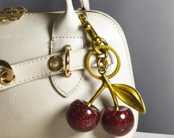 Cherry portemonnee bedel sleutelhanger – glitterhanger, roestvrijstalen sleutelhanger, schattig fruitportemonnee accessoire, cadeau voor haar, handtasdecoratie 6 kleuren