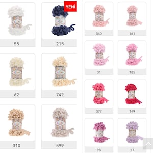 May include: A variety of yarn colors in a grid format. The yarn is fluffy and has a pom-pom texture. The colors include white, cream, beige, pink, light pink, dark pink, purple, blue, and navy blue. The yarn is labeled "Alize" and the numbers 55, 62, 310, 215, 742, 599, 340, 161, 31, 185, 377, 149, 98, and 27 are visible.