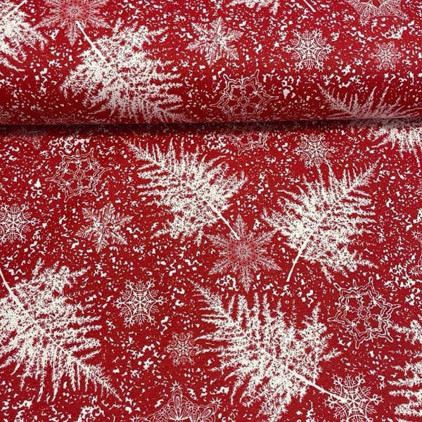 Coton à motifs de fougères de canard et de flocons de neige - décoration de Noël - lin du Panama, tissu DIY, rideau, oreiller, chemin de table, housse de siège, housse de chaise