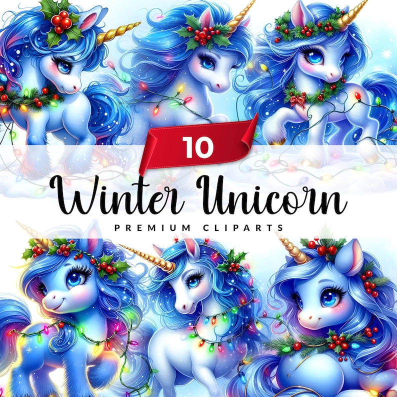 Winter Unicorn Clipart Bundle 10 High Res Jpgs, Watercolor Winter ...