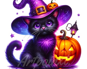 Halloween Black Cat Clipart | Set of 12 Spooky Cat Designs | 300 DPI JPEG | Witch Cat Art | Halloween Printable | Black Cat Decor